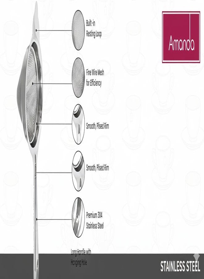Amanda Nexa Stainless Steel Tea Strainer Set of 3 | 304 Mesh Filter for Chai/Coffee/Milk/Juice | Heavy-Duty | Long Handle Chhalni/Channi for Kitchen Use | Easy to Clean, Durable Mesh - Image 2
